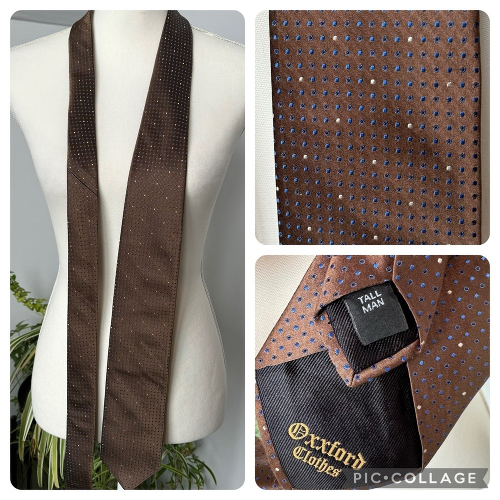 Oxford Clothes Tall Man Necktie Silk USA Made Brown w/ Blue & Cream Small‎ Dots